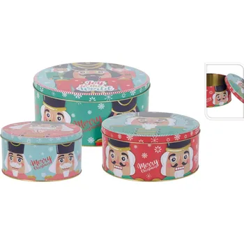 Dóza na potraviny Vánoční dózy Louskáček, sada 3 ks, kovové, výška: 85 mm, průměr: 195 mm