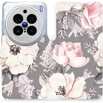 Flipové pouzdro Mobiwear - Vivo X200 Pro - MX06S Květy na šedém pozadí (Knížkové flip pouzdro, obal, kryt na mobil Vivo X200 Pro - MX06S Květy na šedém pozadí, materiál Umělá kůže + TPU - ochrana 360°, stojánek, silikonová vanička, magnetické zavírání)