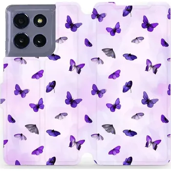 Pouzdro na mobilní telefon Flipové pouzdro Mobiwear - Motorola Moto G86 5G - VP76S Fialoví motýlci (Knížkové flip pouzdro, obal, kryt na mobil Motorola Moto G86 5G - VP76S Fialoví motýlci, materiál Umělá kůže + TPU - ochrana 360°, stojánek, silikonová vanička, magnetické zavírání)