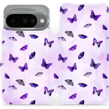 Pouzdro na mobilní telefon Flipové pouzdro Mobiwear - Google Pixel 10 - VP76S Fialoví motýlci (Knížkové flip pouzdro, obal, kryt na mobil Google Pixel 10 - VP76S Fialoví motýlci, materiál Umělá kůže + TPU - ochrana 360°, stojánek, silikonová vanička, magnetické zavírání)