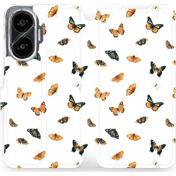 Pouzdro na mobilní telefon Flipové pouzdro Mobiwear - Xiaomi Poco F7 - VP77S Oranžoví motýlci (Knížkové flip pouzdro, obal, kryt na mobil Xiaomi Poco F7 - VP77S Oranžoví motýlci, materiál Umělá kůže + TPU - ochrana 360°, stojánek, silikonová vanička, magnetické zavírání)