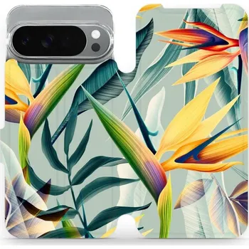 Pouzdro na mobilní telefon Flipové pouzdro Mobiwear - Google Pixel 10 Pro XL - MC02S Žluté velké květy a zelené listy (Knížkové flip pouzdro, obal, kryt na mobil Google Pixel 10 Pro XL - MC02S Žluté velké květy a zelené listy, materiál Umělá kůže + TPU - ochrana 360°, stojánek,)