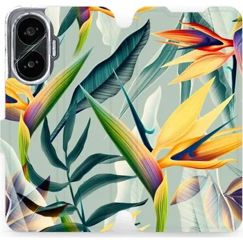 Pouzdro na mobilní telefon Flipové pouzdro Mobiwear - Xiaomi Poco F7 - MC02S Žluté velké květy a zelené listy (Knížkové flip pouzdro, obal, kryt na mobil Xiaomi Poco F7 - MC02S Žluté velké květy a zelené listy, materiál Umělá kůže + TPU - ochrana 360°, stojánek, silikonová vanička,