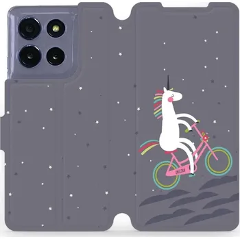 Pouzdro na mobilní telefon Flipové pouzdro Mobiwear - Motorola Moto G86 5G - V024P Jednorožec na kole (Knížkové flip pouzdro, obal, kryt na mobil Motorola Moto G86 5G - V024P Jednorožec na kole, materiál Umělá kůže + TPU - ochrana 360°, stojánek, silikonová vanička, magnetické)