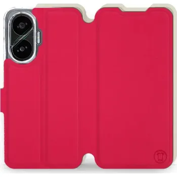 Pouzdro na mobilní telefon Flipové pouzdro Mobiwear Semiš - Xiaomi Poco F7 - Rudé & Béžové (Knížkové semišové flip pouzdro, obal, kryt na mobil Xiaomi Poco F7 - Rudé & Béžové, materiál semiš + TPU, ochrana 360°, stojánek, silikonová vanička, magnetické zavírání)