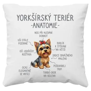 Žertovný předmět yorkšírský teriér – anatomie - polštář s potiskem- Tričkový.cz