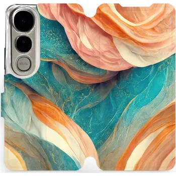 Pouzdro na mobilní telefon Flipové pouzdro Mobiwear - Vivo V50 Lite - VP36S Azurový a oranžový mramor (Knížkové flip pouzdro, obal, kryt na mobil Vivo V50 Lite - VP36S Azurový a oranžový mramor, materiál Umělá kůže + TPU - ochrana 360°, stojánek, silikonová vanička, magnetické)