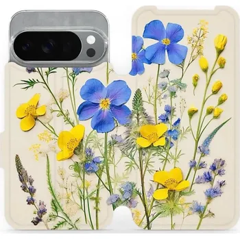 Pouzdro na mobilní telefon Flipové pouzdro Mobiwear - Google Pixel 10 Pro - VP41S Modré a žluté kvítky (Knížkové flip pouzdro, obal, kryt na mobil Google Pixel 10 Pro - VP41S Modré a žluté kvítky, materiál Umělá kůže + TPU - ochrana 360°, stojánek, silikonová vanička, magnetické)