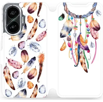 Pouzdro na mobilní telefon Flipové pouzdro Mobiwear - Xiaomi Poco F7 - M003S Lapač a barevná pírka (Knížkové flip pouzdro, obal, kryt na mobil Xiaomi Poco F7 - M003S Lapač a barevná pírka, materiál Umělá kůže + TPU - ochrana 360°, stojánek, silikonová vanička, magnetické zavírání)