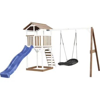 Dětské hřiště Herní věž axi Beach Tower s hnízdovou houpačkou dřevo bílá-hnědá, skluzavka modrá