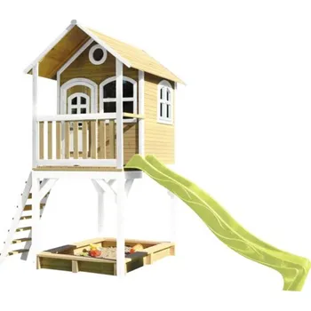 Dětský domeček Herní domeček na kůlech axi Sarah 370 x 191 cm dřevo hnědé včetně zelené skluzavky