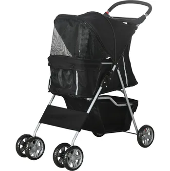 Kočárek pro psa Skládací psí kočárek PawHut s držákem na nápoje, střešní okno, černý