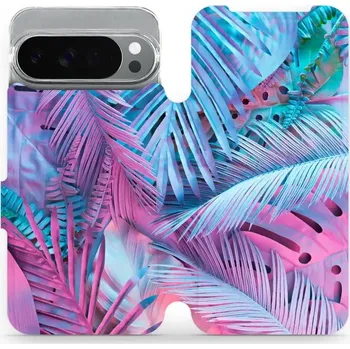 Pouzdro na mobilní telefon Flipové pouzdro Mobiwear - Google Pixel 10 Pro XL - MG10S Fialové a modré listy (Knížkové flip pouzdro, obal, kryt na mobil Google Pixel 10 Pro XL - MG10S Fialové a modré listy, materiál Umělá kůže + TPU - ochrana 360°, stojánek, silikonová vanička,)