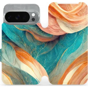 Pouzdro na mobilní telefon Flipové pouzdro Mobiwear - Google Pixel 10 Pro - VP36S Azurový a oranžový mramor (Knížkové flip pouzdro, obal, kryt na mobil Google Pixel 10 Pro - VP36S Azurový a oranžový mramor, materiál Umělá kůže + TPU - ochrana 360°, stojánek, silikonová vanička,)