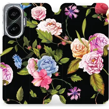 Pouzdro na mobilní telefon Flipové pouzdro Mobiwear - Xiaomi Poco F7 - VD07S Růže a květy na černém pozadí (Knížkové flip pouzdro, obal, kryt na mobil Xiaomi Poco F7 - VD07S Růže a květy na černém pozadí, materiál Umělá kůže + TPU - ochrana 360°, stojánek, silikonová vanička,)