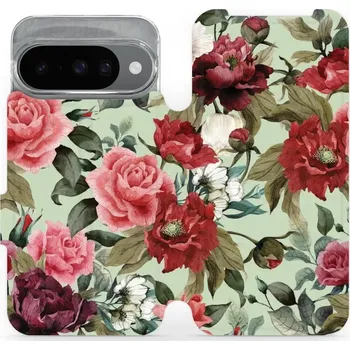 Pouzdro na mobilní telefon Flipové pouzdro Mobiwear - Google Pixel 10 - MD06P Růže a květy na světle zelené (Knížkové flip pouzdro, obal, kryt na mobil Google Pixel 10 - MD06P Růže a květy na světle zelené, materiál Umělá kůže + TPU - ochrana 360°, stojánek, silikonová vanička,)