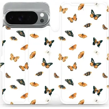 Pouzdro na mobilní telefon Flipové pouzdro Mobiwear - Google Pixel 10 Pro XL - VP77S Oranžoví motýlci (Knížkové flip pouzdro, obal, kryt na mobil Google Pixel 10 Pro XL - VP77S Oranžoví motýlci, materiál Umělá kůže + TPU - ochrana 360°, stojánek, silikonová vanička, magnetické)
