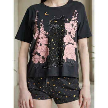 Dámské tričko Sinsay - Bavlněná dvoudílná pyžama s potiskem - šedá - 187FM-86X - 187FM-86X-XS