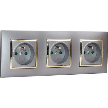 Elektrická zásuvka Zásuvky v rámečku pod omítku, 3x 250V/16A, šedé barvy se zlatým lesklým ozdobným rámem