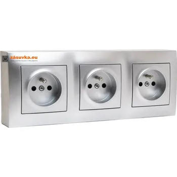 Elektrická zásuvka Zásuvkový blok nástěnný 3x 250V/16A s clonkami, bez kabelu, barva stříbrná metalíza