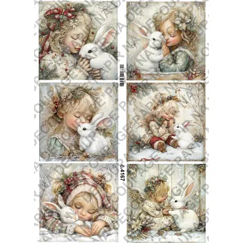 Umělecký papír Rýžový a soft papír na decoupage - Andělka se zajícem - KB04167 Materiál: Soft, Rozměr: A4