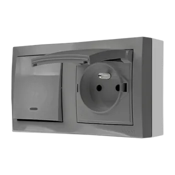 Elektrická zásuvka Zásuvka jednonásobná ve verzi IP44 -vičko v barvě krytu jednopólový spínač s podsvětlením odolný proti vlhkosti šedá 16A 10AX