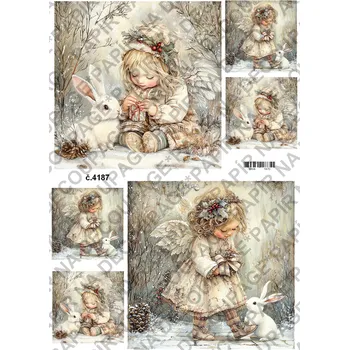 Umělecký papír Rýžový a soft papír na decoupage - Andělka se zajícem - KB04187 Materiál: Soft, Rozměr: A4