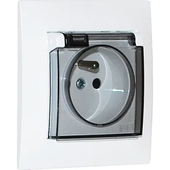 Elektrická zásuvka Zásuvka pod omítku 1x 250V/16A s víčkem a manžetou, krytí IP44, rámeček v bílé barvě + průhledná krytka
