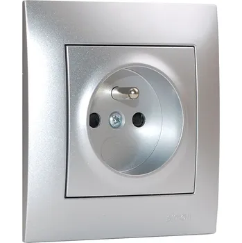 Elektrická zásuvka Zásuvka jednonásobná 250V/16A (strojek, kryt a rámeček) Simon 54, šroubové svorky, clonky, barva stříbrná