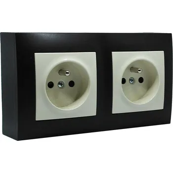 Elektrická zásuvka Zásuvkový blok nástěnný 2x 250V/16A, clonky, barva hnědá s víčky v krémové barvě