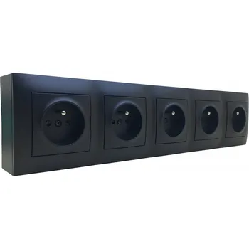 Elektrická zásuvka Zásuvkový blok nástěnný 5x 250V/16A s clonkami, bez kabelu, černá matná barva