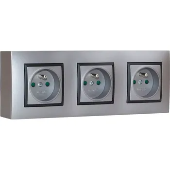 Elektrická zásuvka Nástěnný zásuvkový blok, 3x 250V/16A, šedé metalizované barvy s černým matným ozdobným rámem, bez kabelu