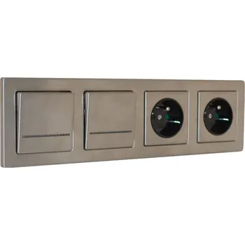 Elektrická zásuvka Zásuvka 2x 250V/16A s uzemněním a 2x vypínačem řazení č.1 s modrým podsvětlením, pro instalaci pod omítku, nerezová ocel