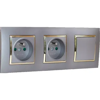 Elektrická zásuvka Zásuvky 2x 250V/16A + 1x vypínač č.1 v rámečku pod omítku, šedé barvy se zlatým lesklým ozdobným rámem