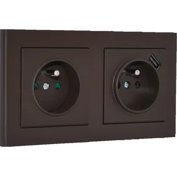 Elektrická zásuvka Zásuvky v rámečku pod omítku, 2x 230V/16A + 1x USB nabíječka, barva čokoládová