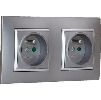 Elektrická zásuvka Zásuvky v rámečku pod omítku, 2x 250V/16A, šedé barvy se stříbrným matným ozdobným rámem