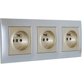 Elektrická zásuvka Zásuvka trojnásobná 250V/16A pod omítku, Simon 54, rámeček ve stříbrné a kryty ve zlaté barvě