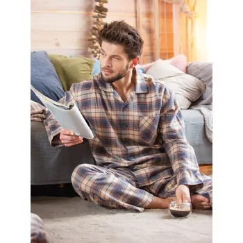 Pánské pyžamo Pyžamo Key MNS 402 B24 Flanelové dlouhé/r M-2XL pánské rozepínací Hnědá XL