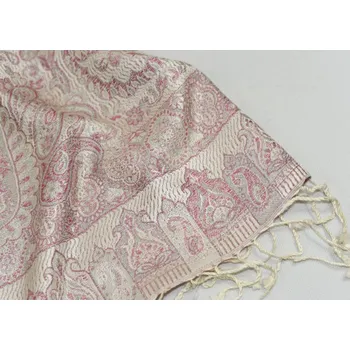 Šála Hedvábná šála Jamawar velká - Smetanová a růžová s ornamenty