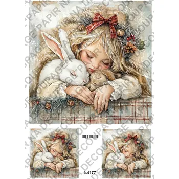 Umělecký papír Rýžový a soft papír na decoupage - Andělka se zajícem - KB04177 Materiál: Soft, Rozměr: A4
