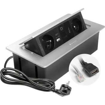 Elektrická zásuvka Výklopná zásuvka MULTISOFT, 2x 230V, USB A/C nabíječka, RJ45, HDMI, barva stříbrná, kabel o délce 1.5m