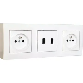 Elektrická zásuvka Zásuvkový blok nástěnný 2x 250V/16A, 2x USB nabíječka, bez kabelu, barva bílá lesklá