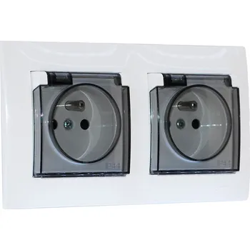 Elektrická zásuvka Zásuvka pod omítku 2x 250V/16A s víčky a manžetou, krytí IP44, rámeček v bílé barvě + průhledné krytky