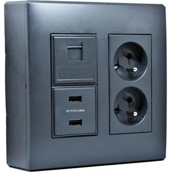 Elektrická zásuvka Nástěnný box S500, 1x dvojzásuvka 250V, 2x USB nabíječka, 1x RJ45, barva grafitově-šedá