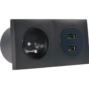 Elektrická zásuvka Zásuvkový blok zapuštěný v černé barvě, 1x zásuvka 230V + 2x USB-A nabíječka, kabel 1.5m