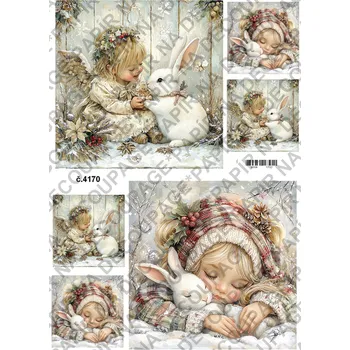 Umělecký papír Rýžový a soft papír na decoupage - Andělka se zajícem - KB04170 Materiál: Soft, Rozměr: A4