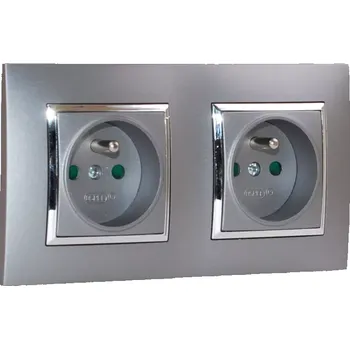 Elektrická zásuvka Zásuvky v rámečku pod omítku, 2x 250V/16A, šedé barvy se stříbrným lesklým ozdobným rámem