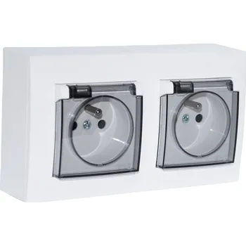 Elektrická zásuvka Zásuvkový blok nástěnný 2x 250V/16A s průhlednými víčky zásuvek, clonky, barva lesklá bílá