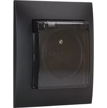 Elektrická zásuvka Zásuvka pod omítku 1x 250V/16A s víčkem a manžetou, krytí IP44, rámeček v černé barvě + průhledná krytka