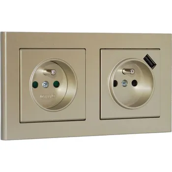 Elektrická zásuvka Zásuvky v rámečku pod omítku, 2x 230V/16A + 1x USB nabíječka, barva zlatá